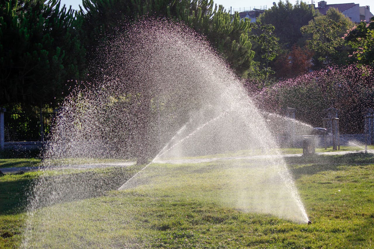 Water sprinkler system spraying lush green grass in a sunny outdoor setting, ideal for lawn care illustrations.